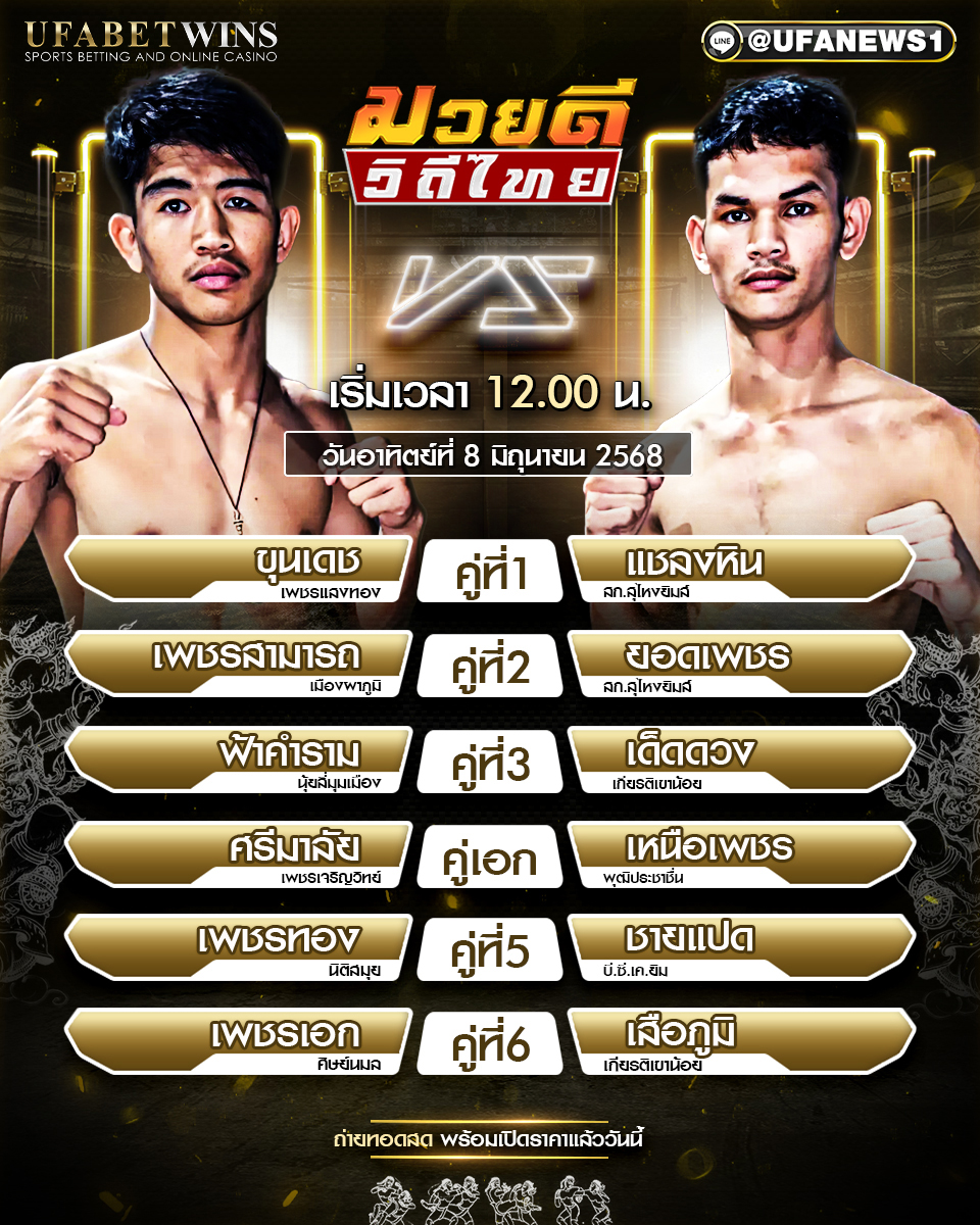 มวยวันนี้ ศึกมวยดีวิถีไทย ประจำวันที่ 8 มิถุนายน 2568 