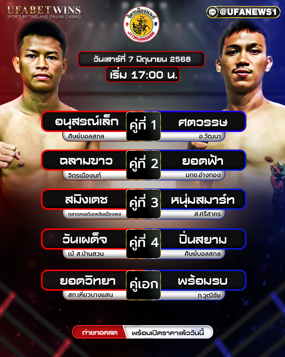 มวยวันนี้ ศึกจิตรเมืองนนท์ ประจำวันที่ 7 มิถุนายน 2568