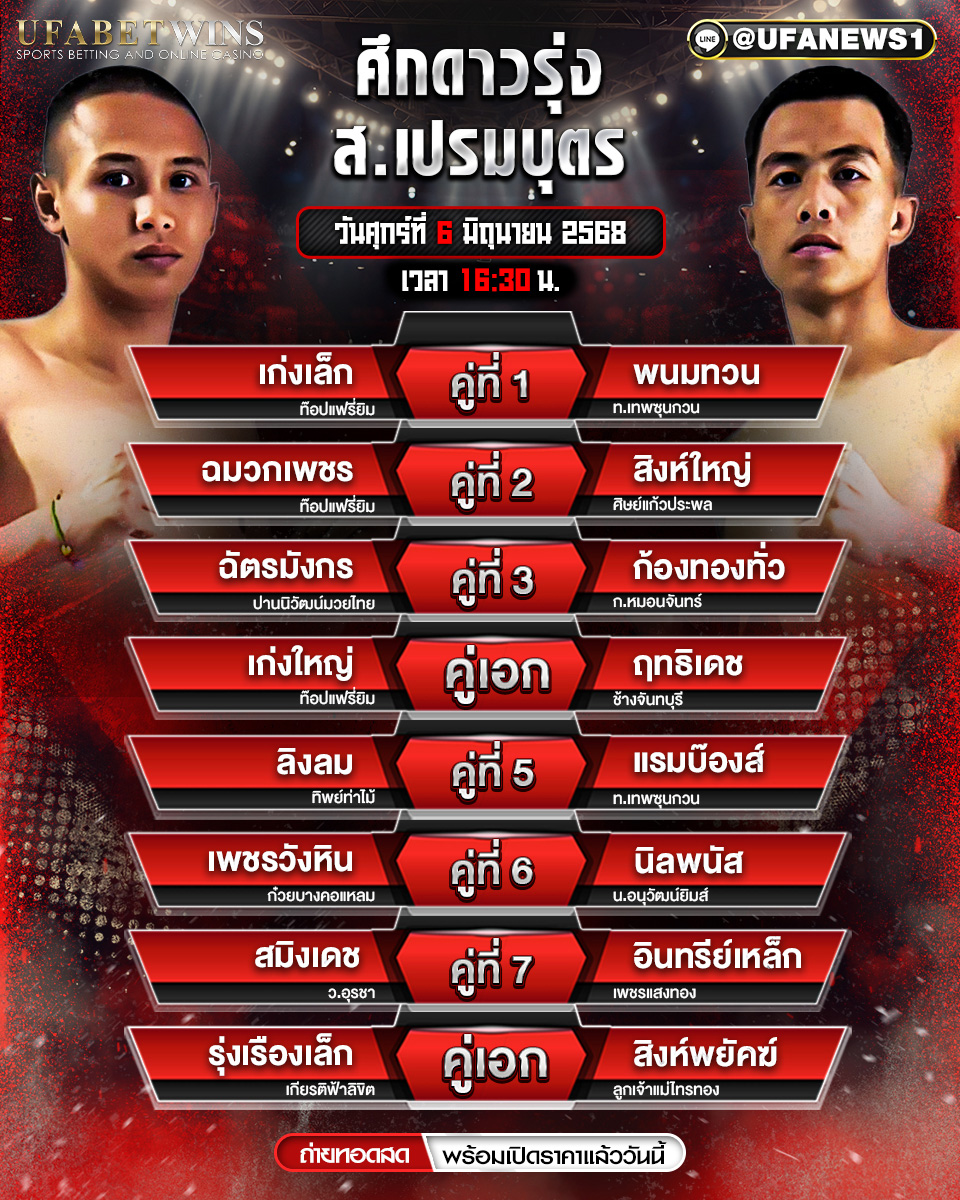 มวยวันนี้ ศึก ส.เปรมบุตร ประจำวันที่ 6 มิถุนายน 2568