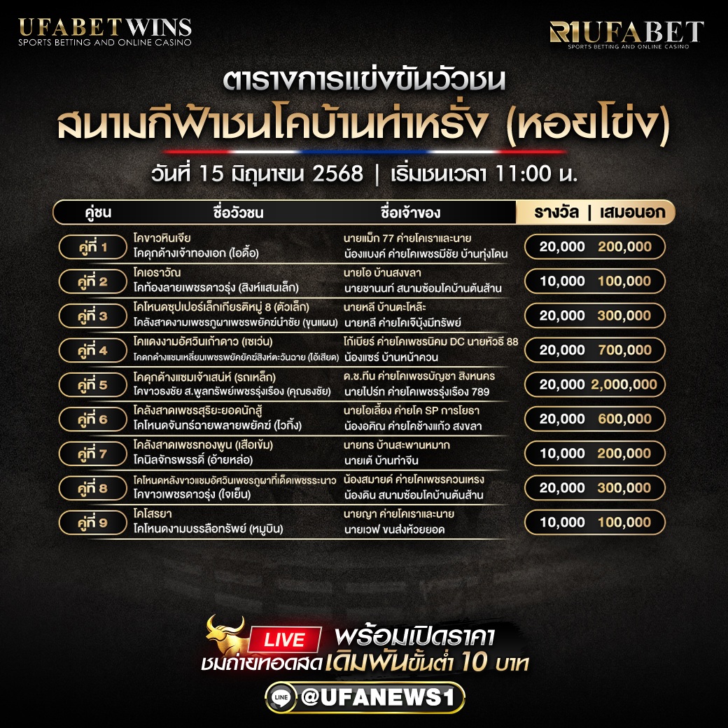 โปรแกรมวัวชน สนามกีฟ้าชนโคบ้านท่าหรั่ง(หอยโข่ง) วันที่ 15/06/2568