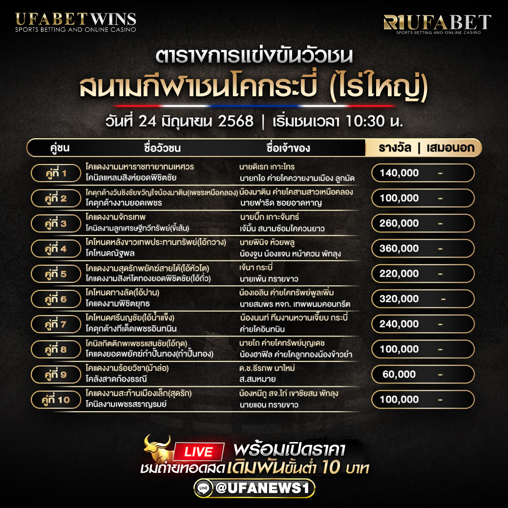 โปรแกรมวัวชน สนามกีฬาชนโคกระบี่ (ไร่ใหญ่) วันที่ 24/06/2568