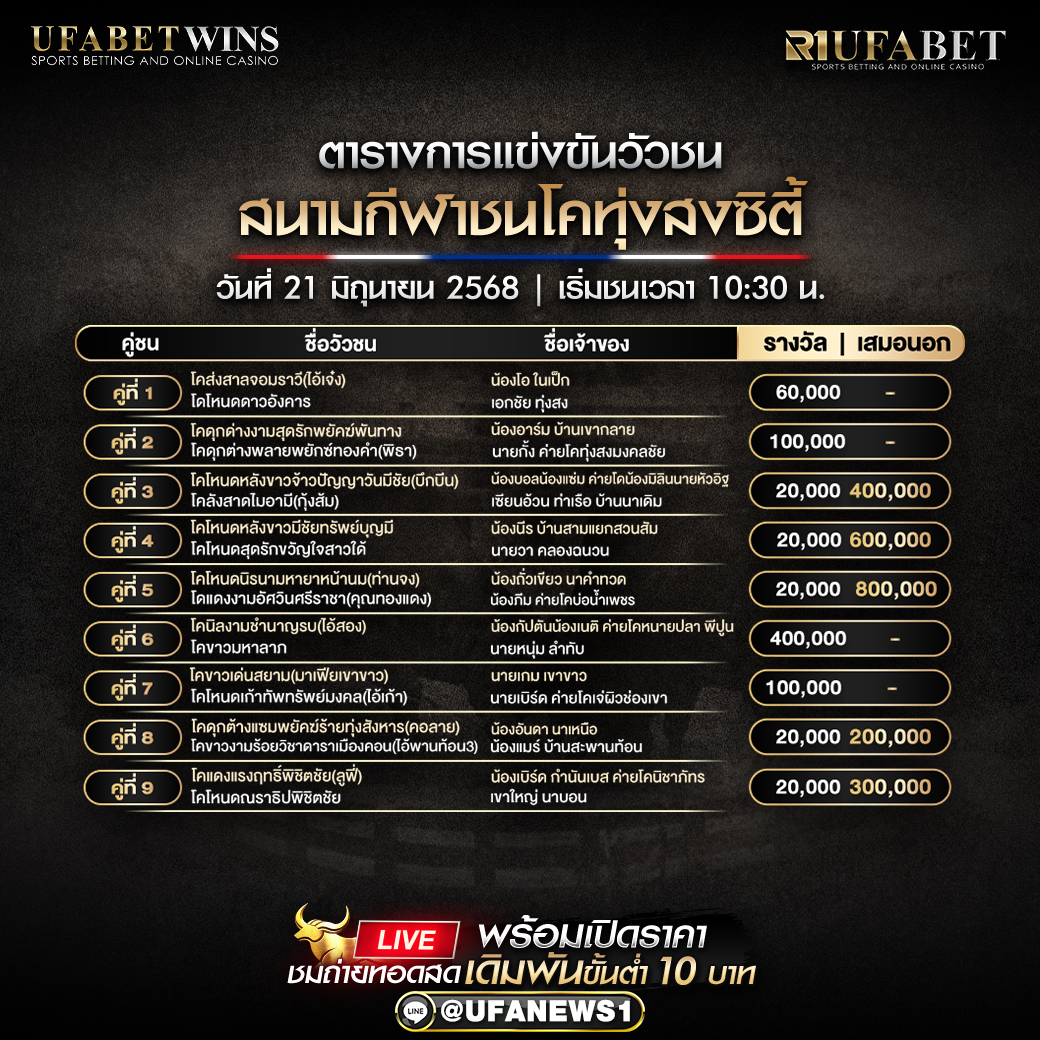 โปรแกรมวัวชน สนามกีฬาชนโคทุ่งสงซิตี้ วันที่ 21/06/2568