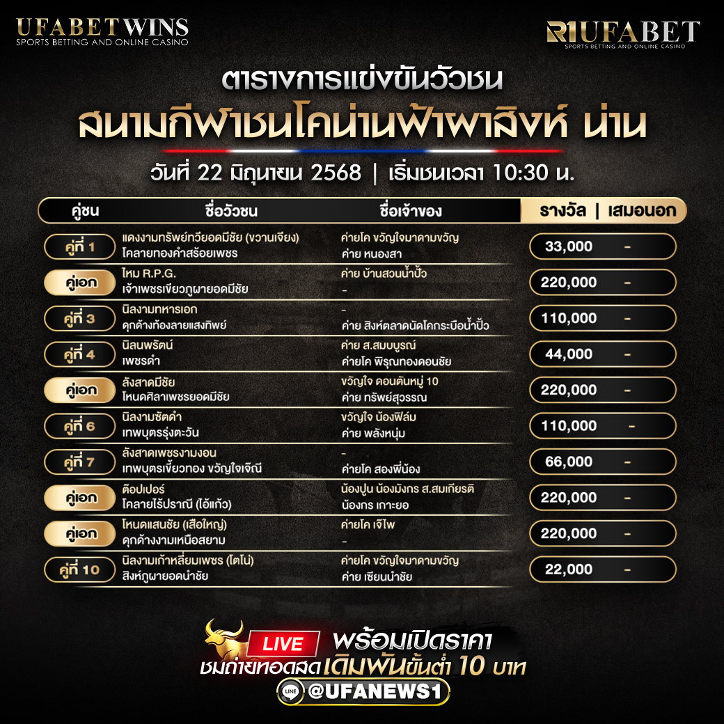 โปรแกรมวัวชน สนามกีฬาชนโคน่านฟ้าผาสิงห์ น่าน วันที่ 22/06/2568