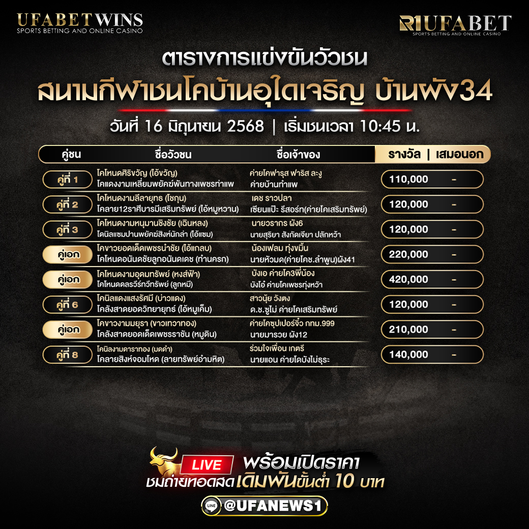 โปรแกรมวัวชน สนามทีฝ้าชนโศบ้านอุโตเจริญ วันที่ 16/06/2568