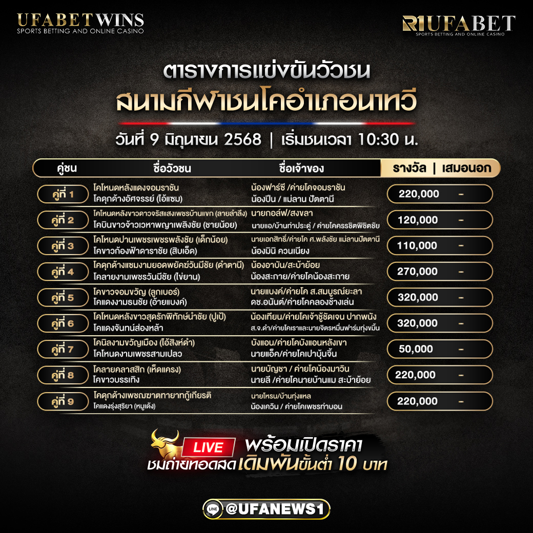 โปรแกรมวัวชน สนามกีฬาชนโคอำเภอนาทวี วันที่ 09/06/2568