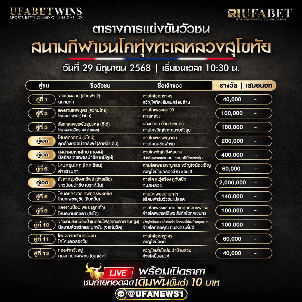 โปรแกรมวัวชน สนามกีฬาชนโคทุ่งทะเลหลวงสุโขทัย วันที่ 29/06/2568