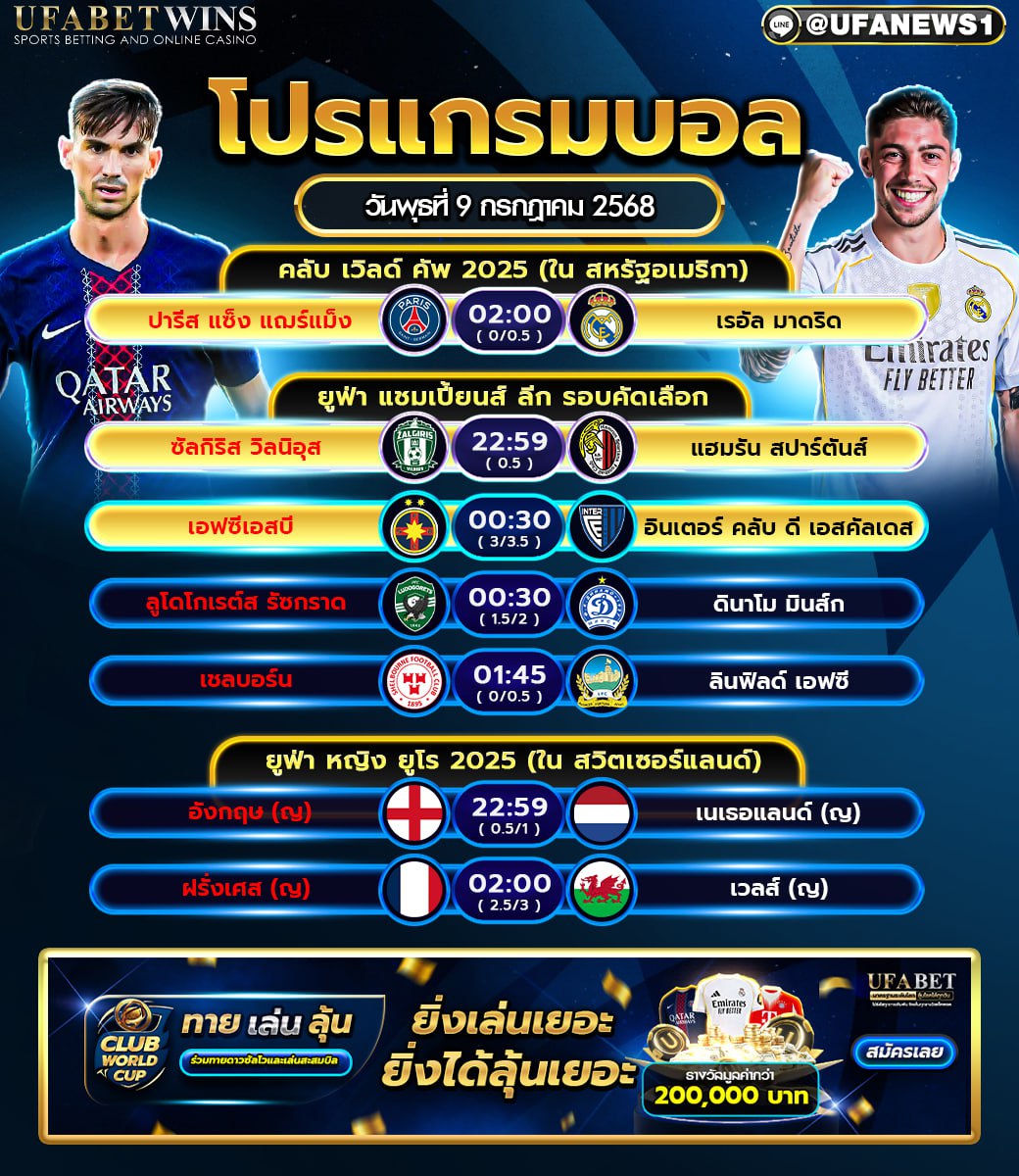 โปรแกรมฟุตบอล วันที่ 9 กรกฎาคม 2568