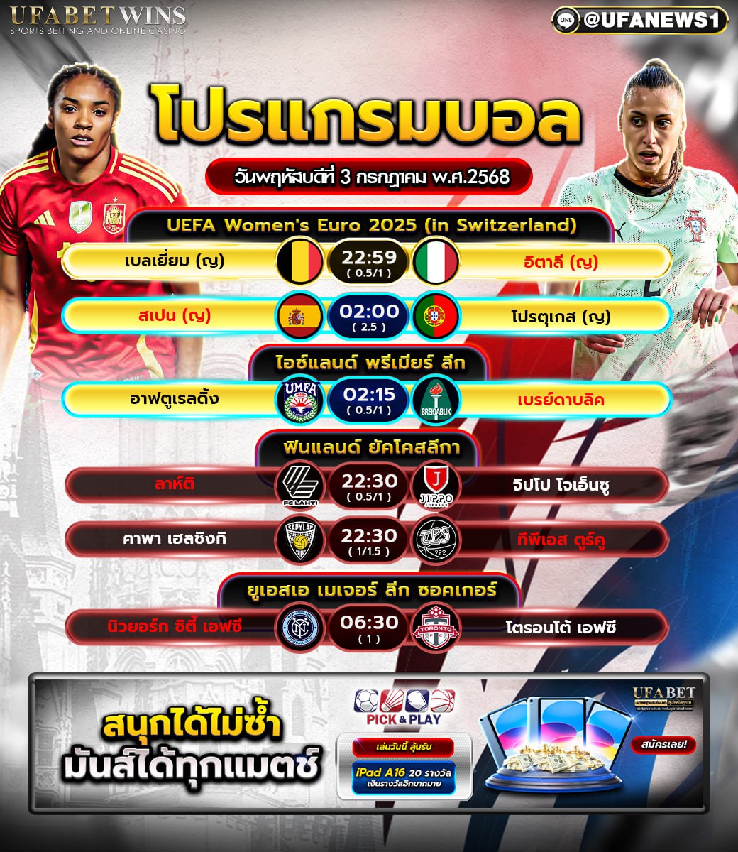 โปรแกรมฟุตบอล วันที่ 3 กรกฎาคม 2568
