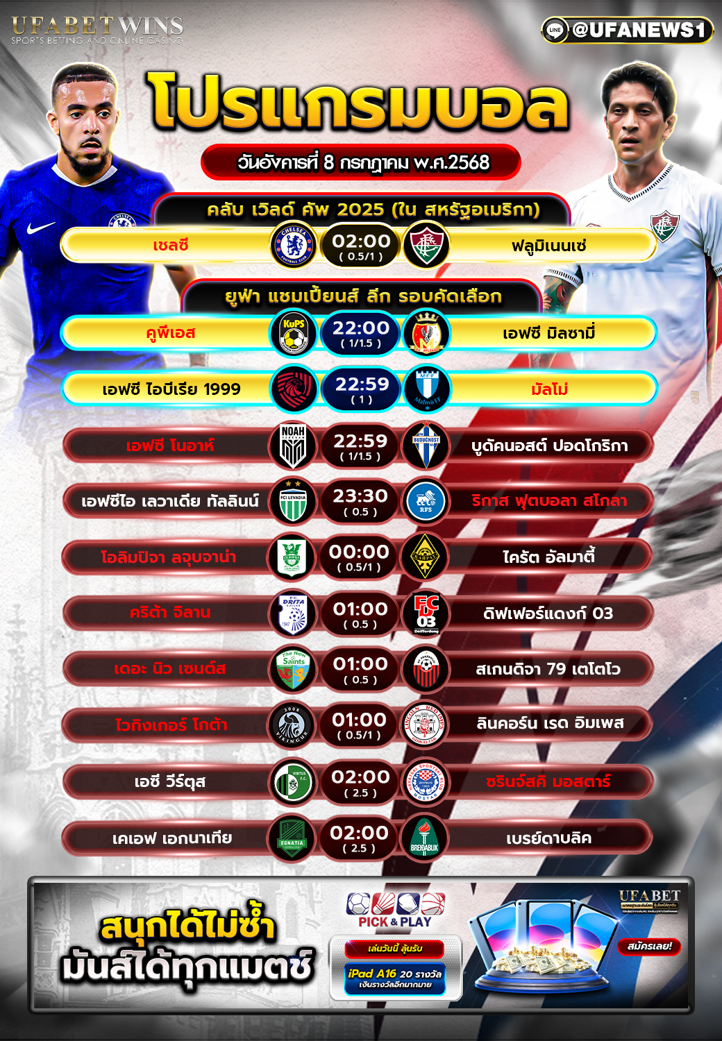โปรแกรมฟุตบอล วันที่ 8 กรกฎาคม 2568