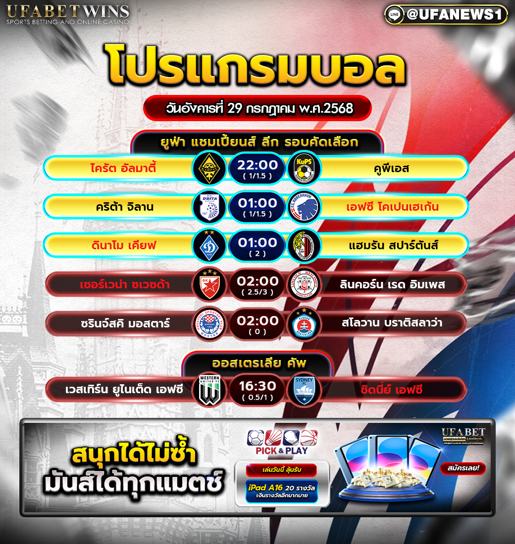 โปรแกรมฟุตบอล วันที่ 29 กรกฎาคม 2568