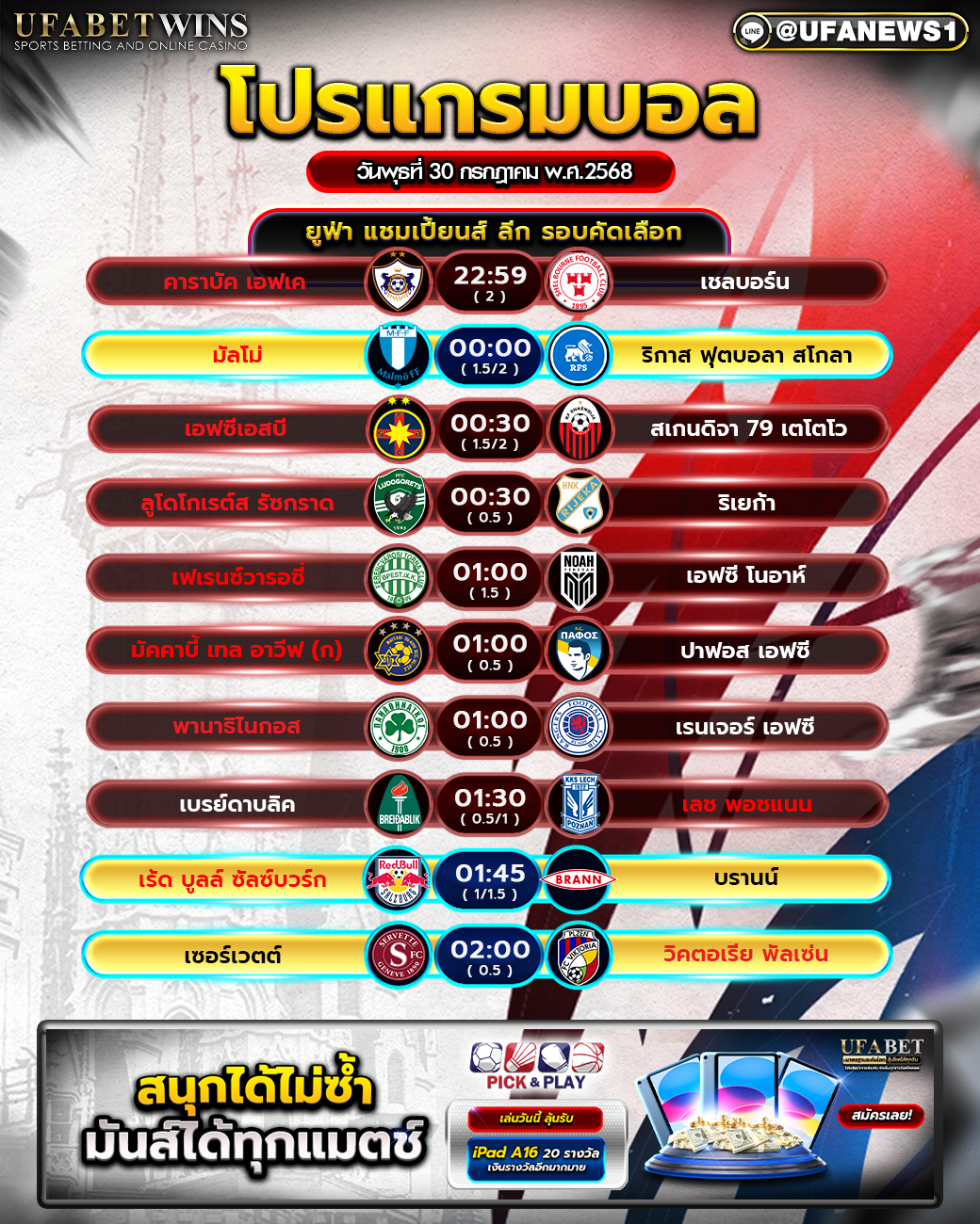 โปรแกรมฟุตบอล วันที่ 30 กรกฎาคม 2568
