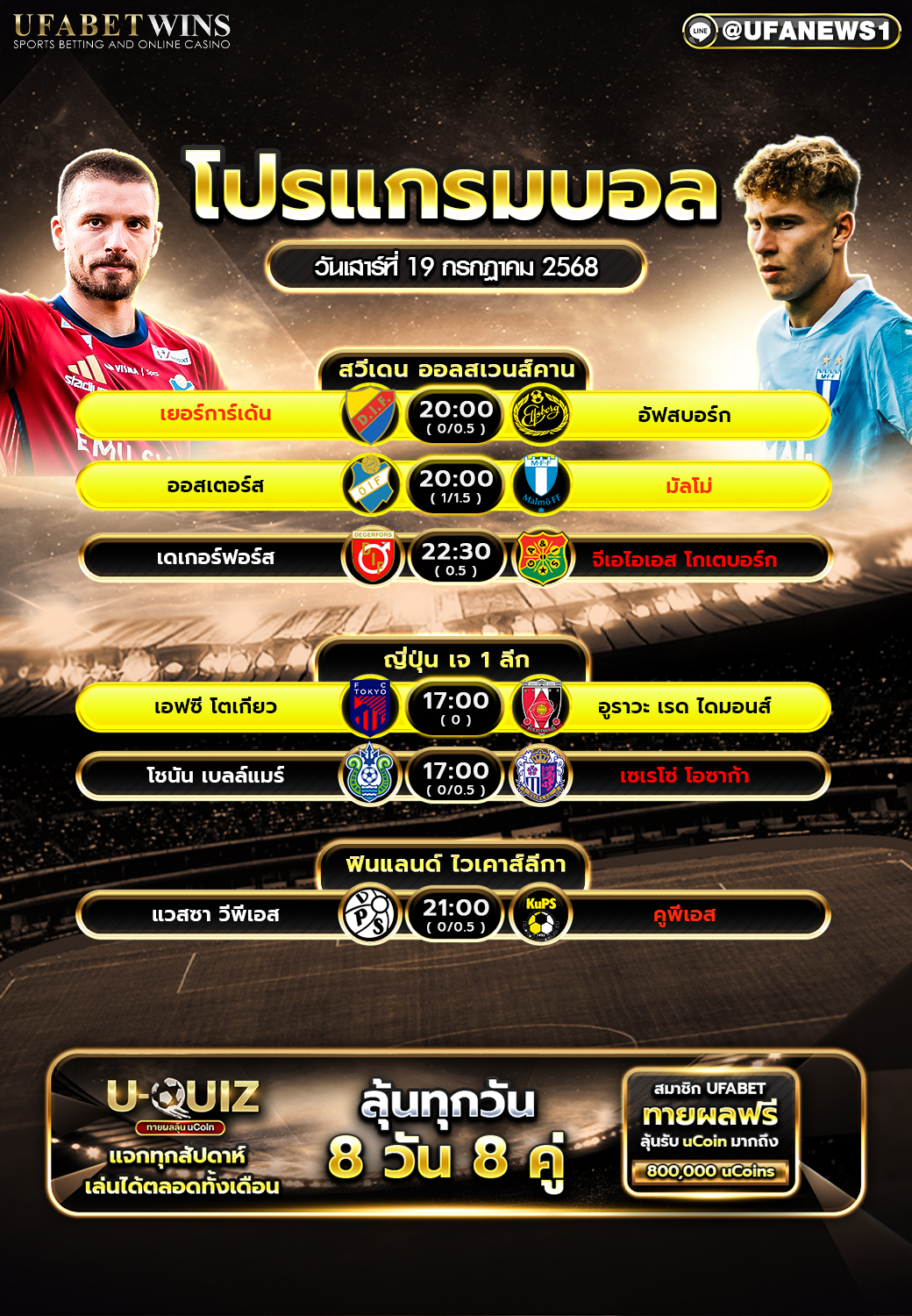 โปรแกรมฟุตบอล วันที่ 19 กรกฎาคม 2568