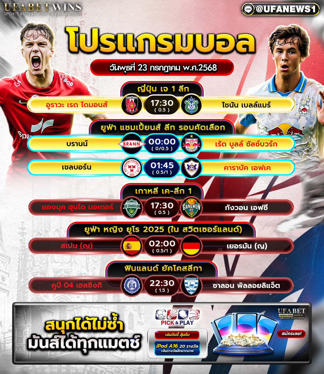 โปรแกรมฟุตบอล วันที่ 23 กรกฎาคม 2568 อัปเดตแมตช์เด็ดจากทุกลีก พร้อมวิเคราะห์ก่อนเกม