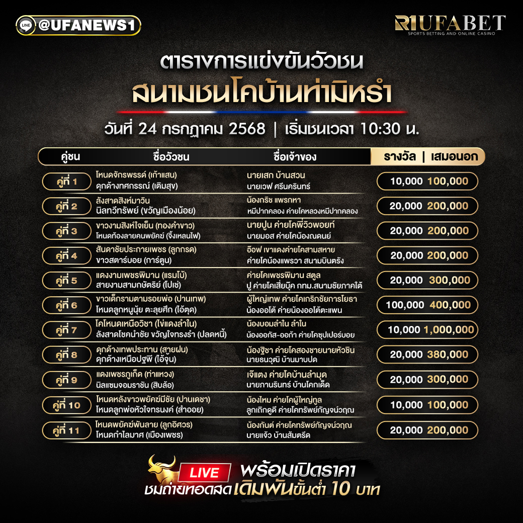 โปรแกรมวัวชน สนามชนโคบ้านท่ามิหรำ วันที่ 24/07/2568