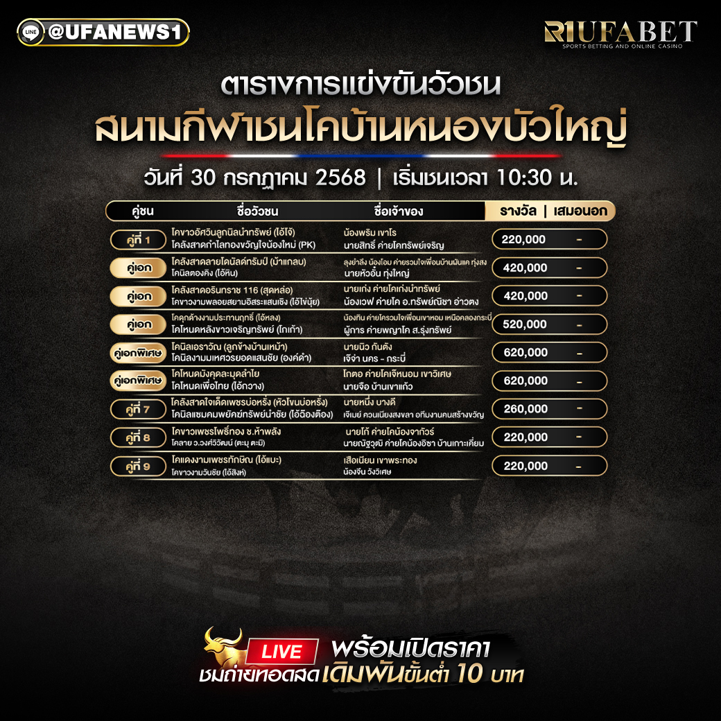 โปรแกรมวัวชน สนามกีฬาชนโคบ้านหนองบัวใหญ่ วันที่ 30/07/2568
