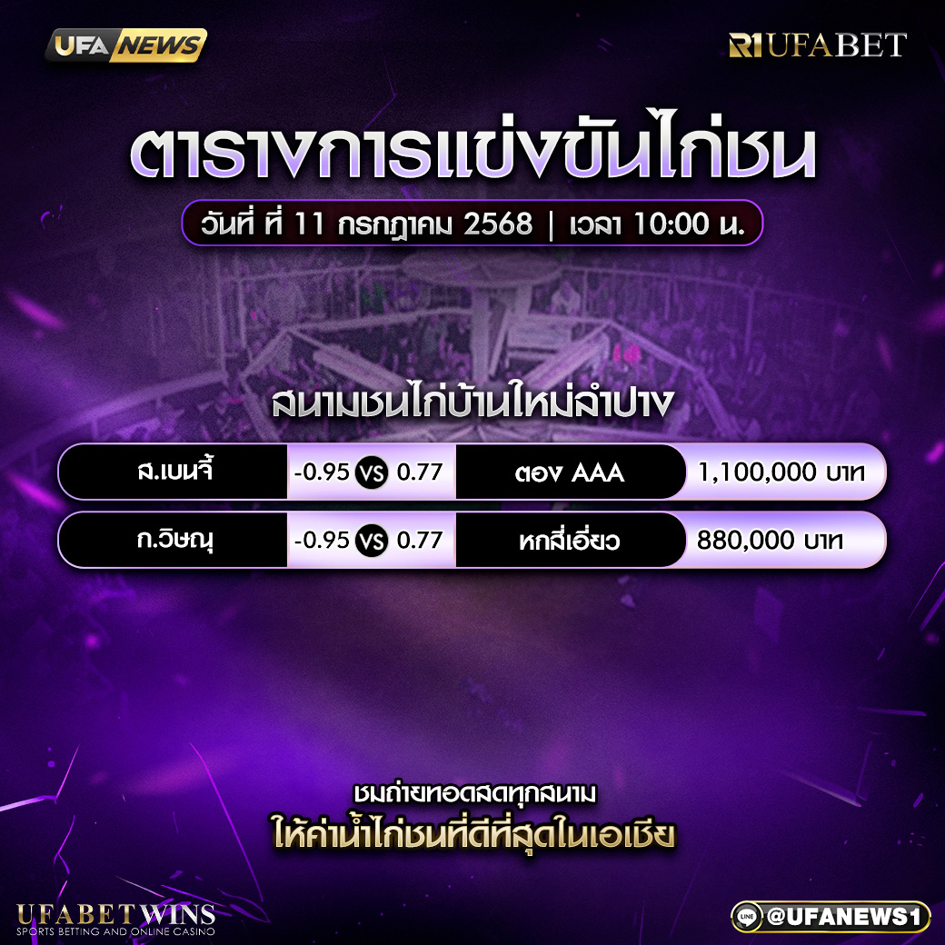 โปรแกรมการแข่งขันไก่ชน วันที่ 11 กรกฎาคม 2568