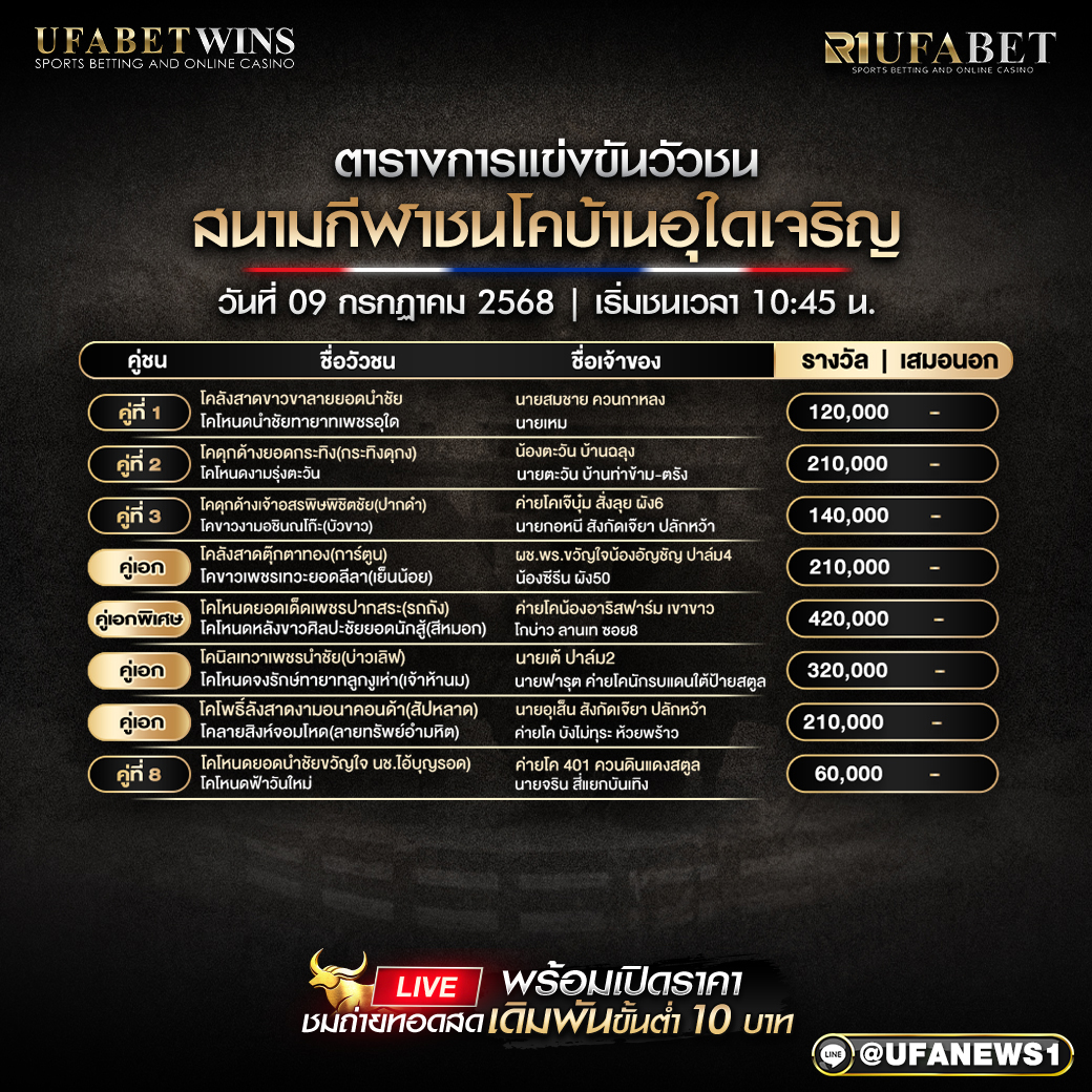 โปรแกรมวัวชน สนามกีฬาชนโคบ้านอุใดเจริญ วันที่ 09/07/2568