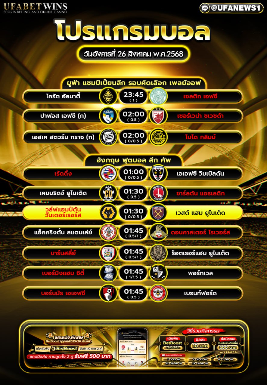 โปรแกรมฟุตบอล วันที่ 26 สิงหาคม 2568