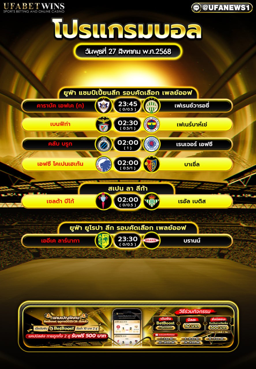 โปรแกรมฟุตบอล วันที่ 27 สิงหาคม 2568