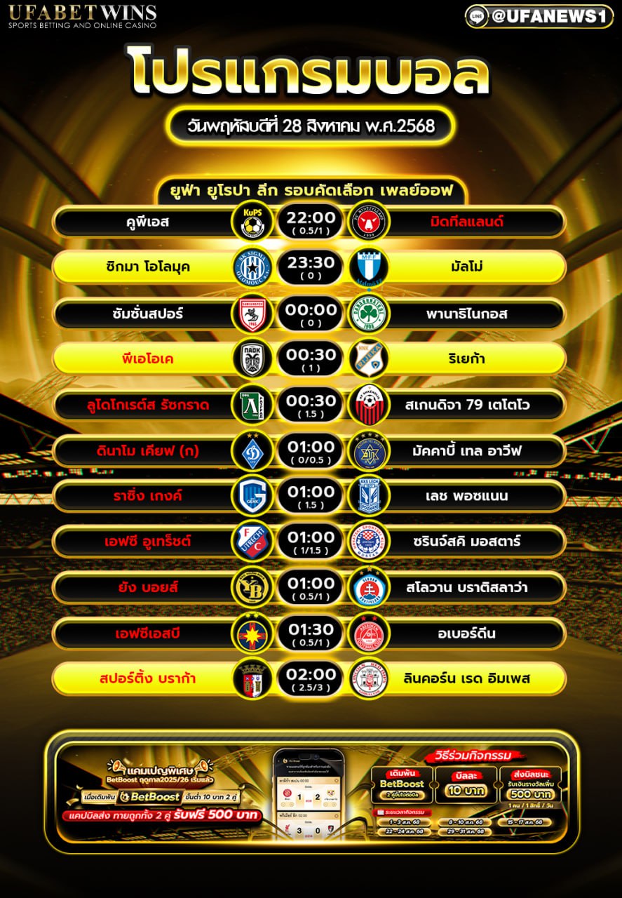 โปรแกรมฟุตบอล วันที่ 28 สิงหาคม 2568