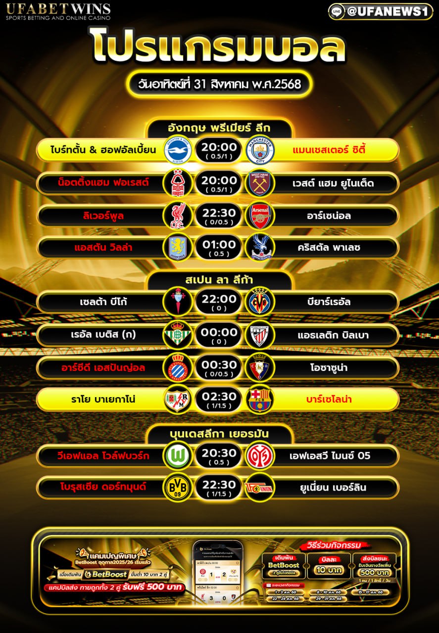 โปรแกรมฟุตบอล วันที่ 31 สิงหาคม 2568