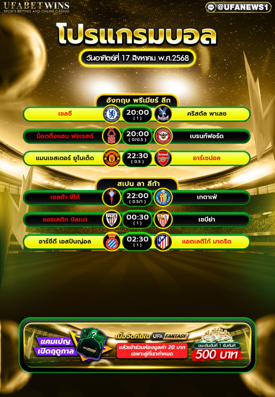โปรแกรมฟุตบอล วันที่ 17 สิงหาคม 2568
