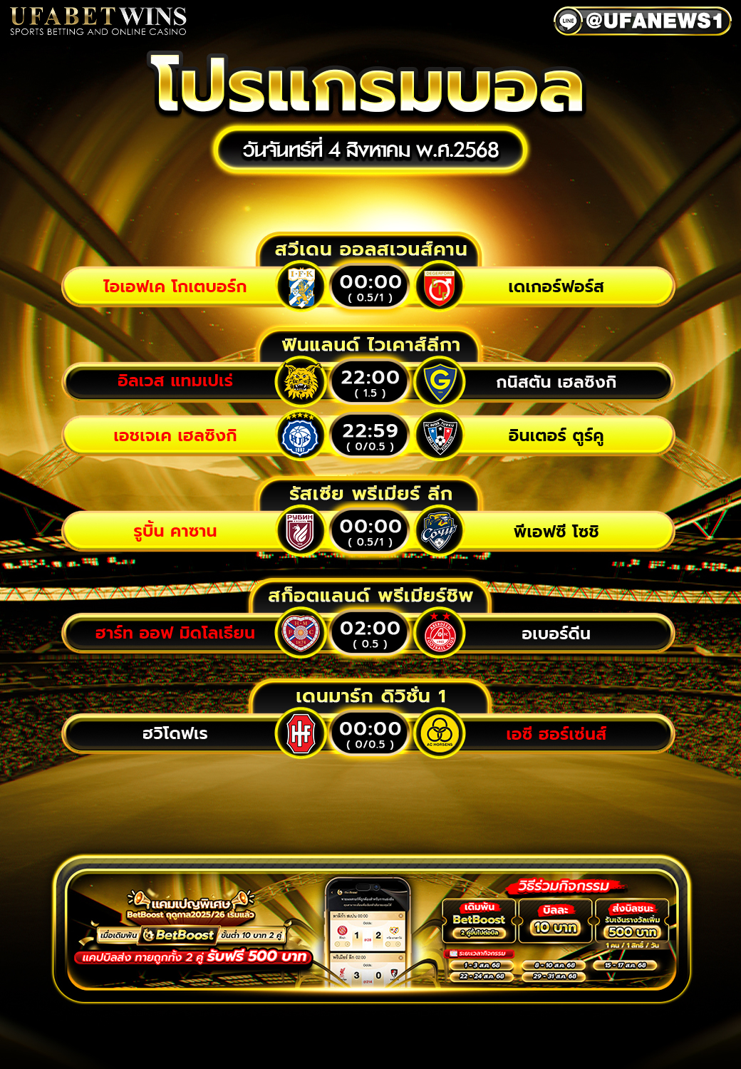 โปรแกรมฟุตบอล วันที่ 4 สิงหาคม 2568