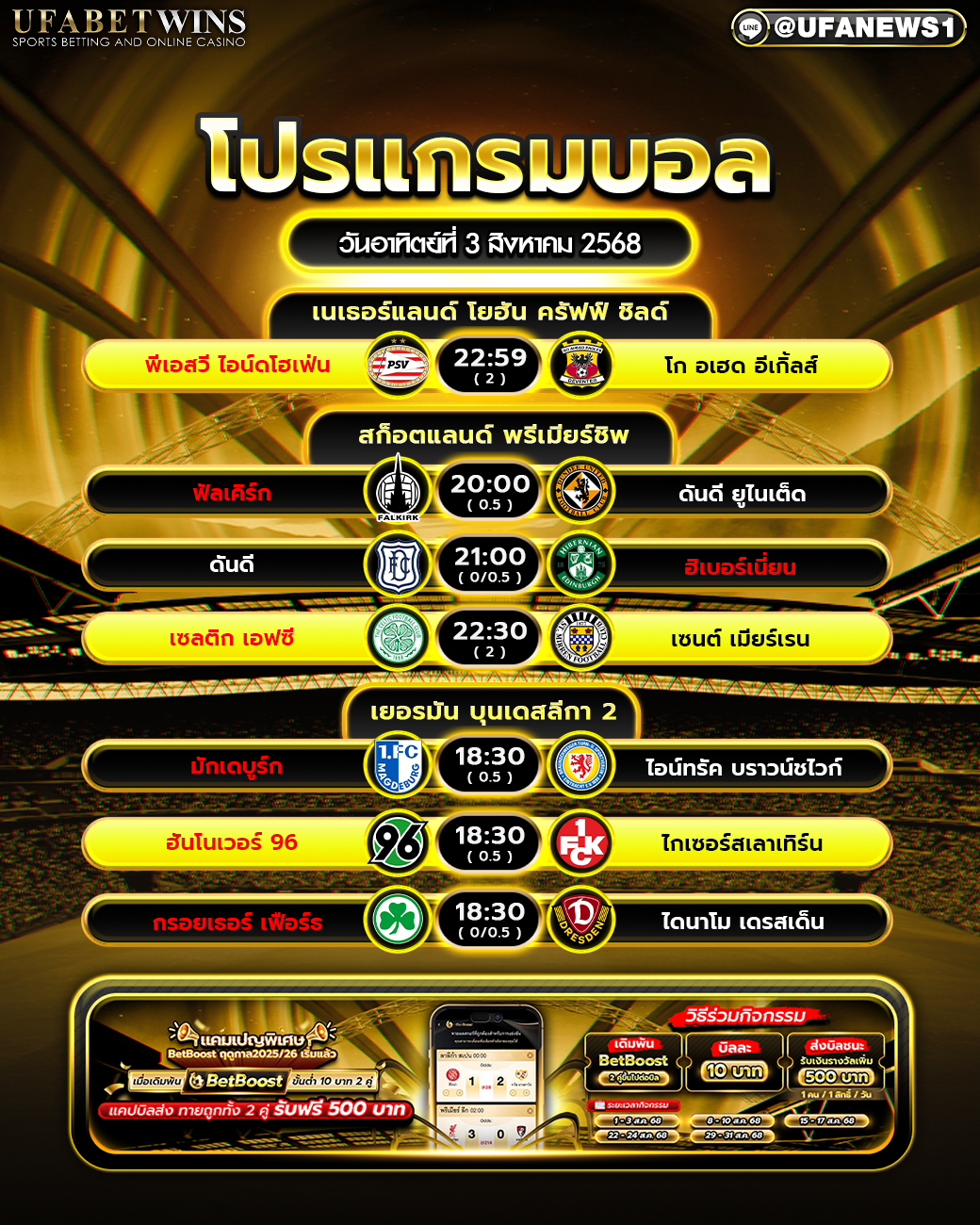 โปรแกรมฟุตบอล วันที่ 3 สิงหาคม 2568