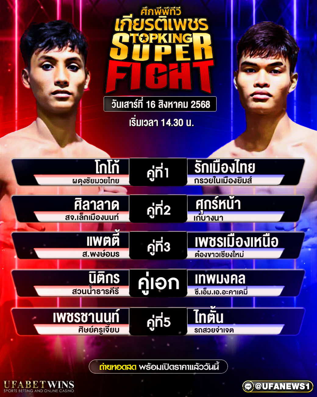 มวยวันนี้ ศึกมวยไทยเกียรติเพชรSKS 16/08/2568