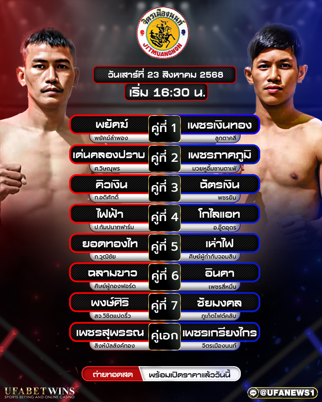 มวยวันนี้ ศึกจิตรเมืองนนท์ 23/08/2568