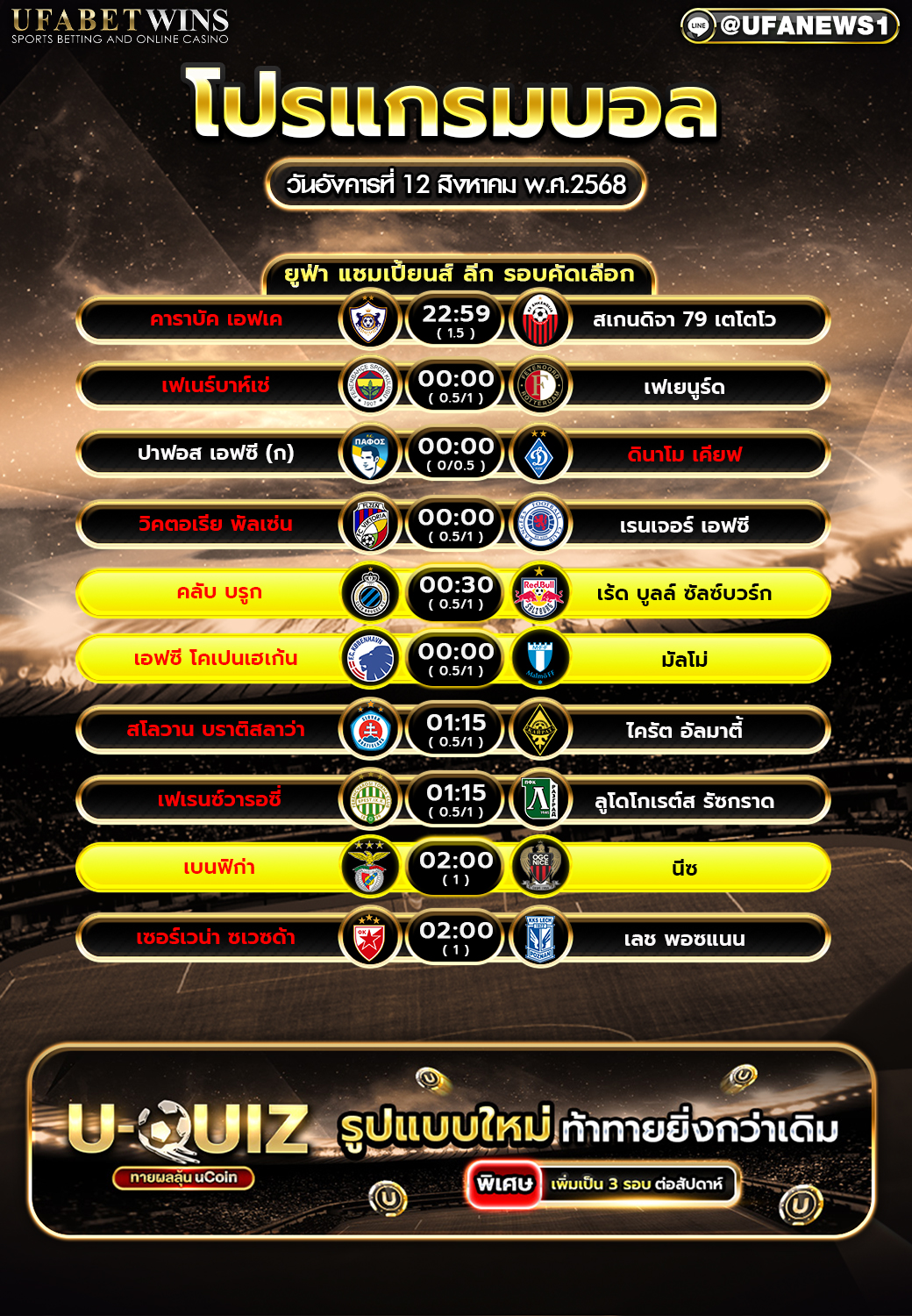 โปรแกรมฟุตบอล วันที่ 12 สิงหาคม 2568