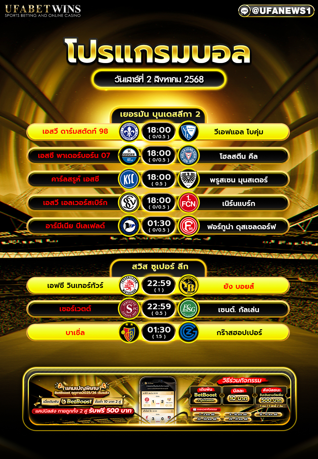 โปรแกรมฟุตบอล วันที่ 2 สิงหาคม 2568