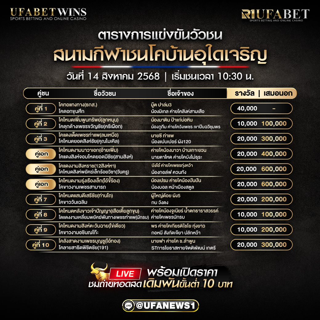 โปรแกรมวัวชน สนามกีฬาชนโคบ้านอุใดเจริญ วันที่ 14/08/2568
