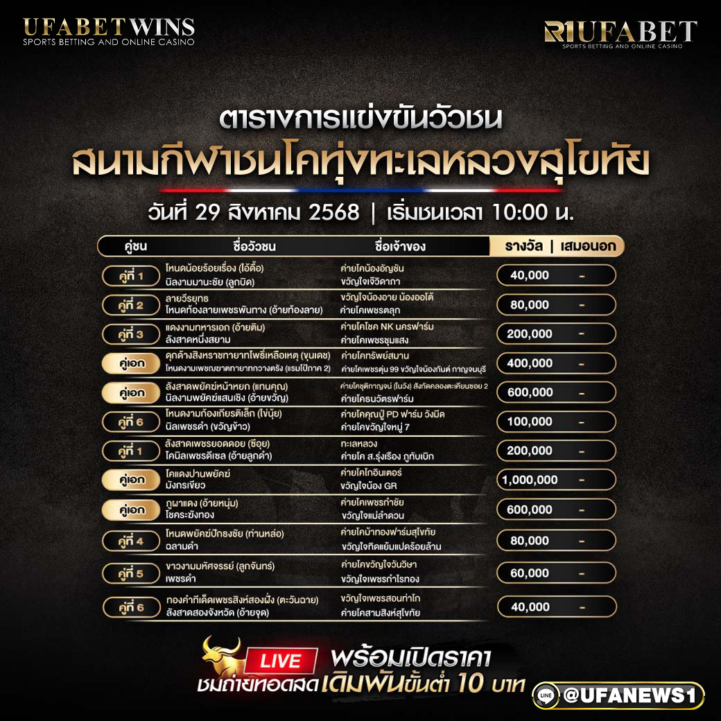 โปรแกรมวัวชน สนามกีฬาชนโคทุ่งทะเลหลวงสุโขทัย วันที่ 29/08/2568