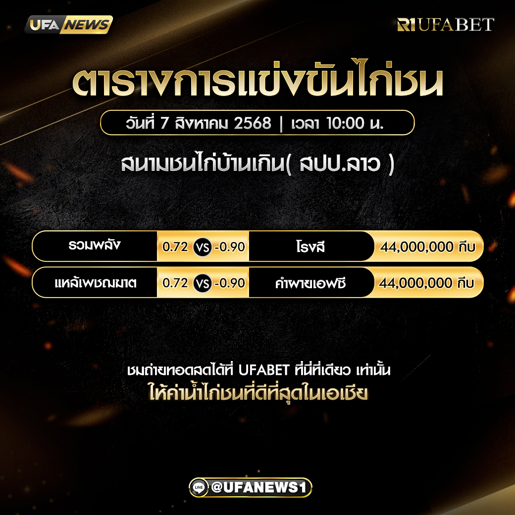 โปรแกรมการแข่งขันไก่ชน วันที่ 7 สิงหาคม 2568