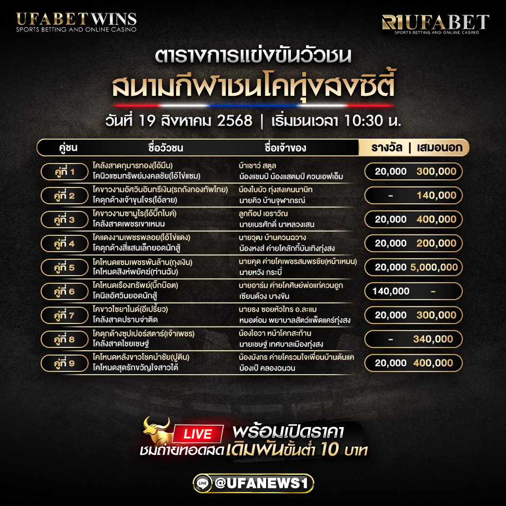 โปรแกรมวัวชน สนามกีฬาชนโคทุ่งสงซิตี้ วันที่ 19/08/2568