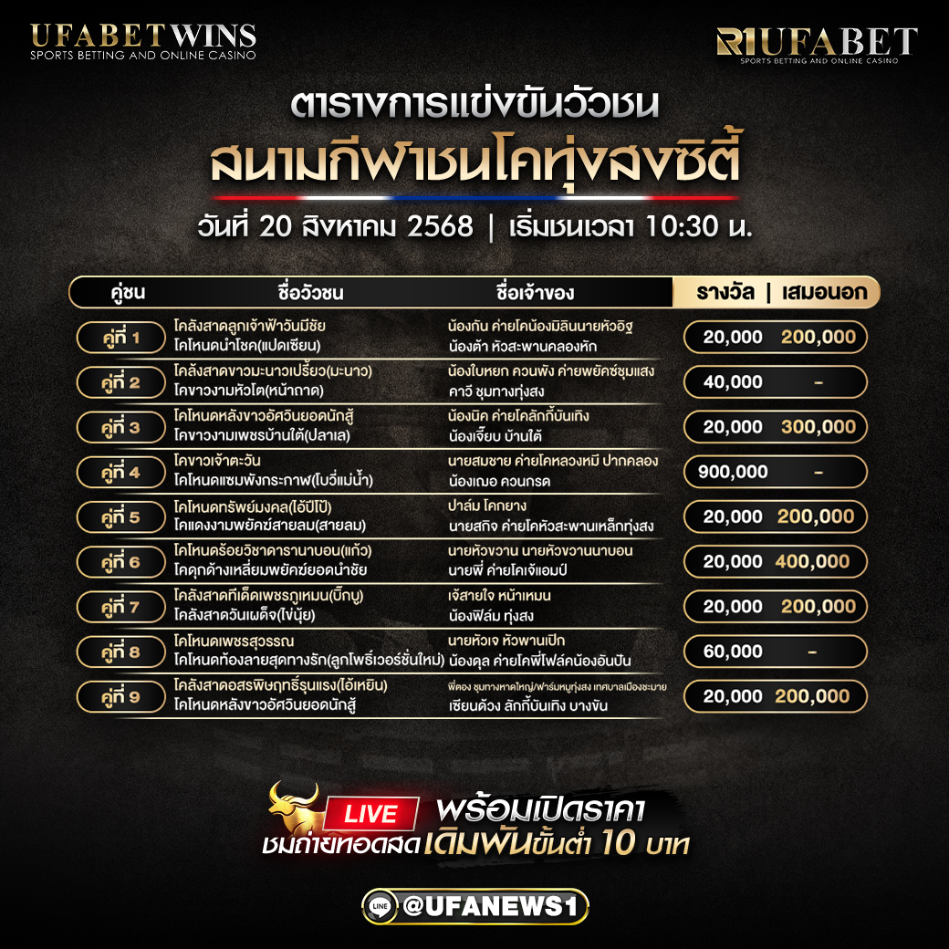 โปรแกรมวัวชน สนามกีฬาชนโคทุ่งสงซิตี้ วันที่ 20/08/2568