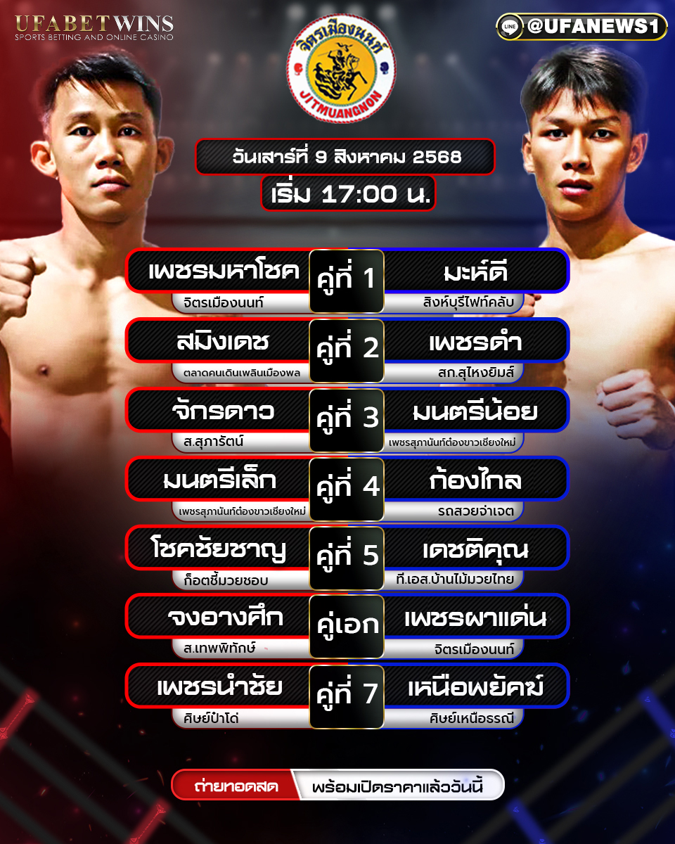 มวยวันนี้ ศึกจิตรเมืองนนท์ 09/08/2568