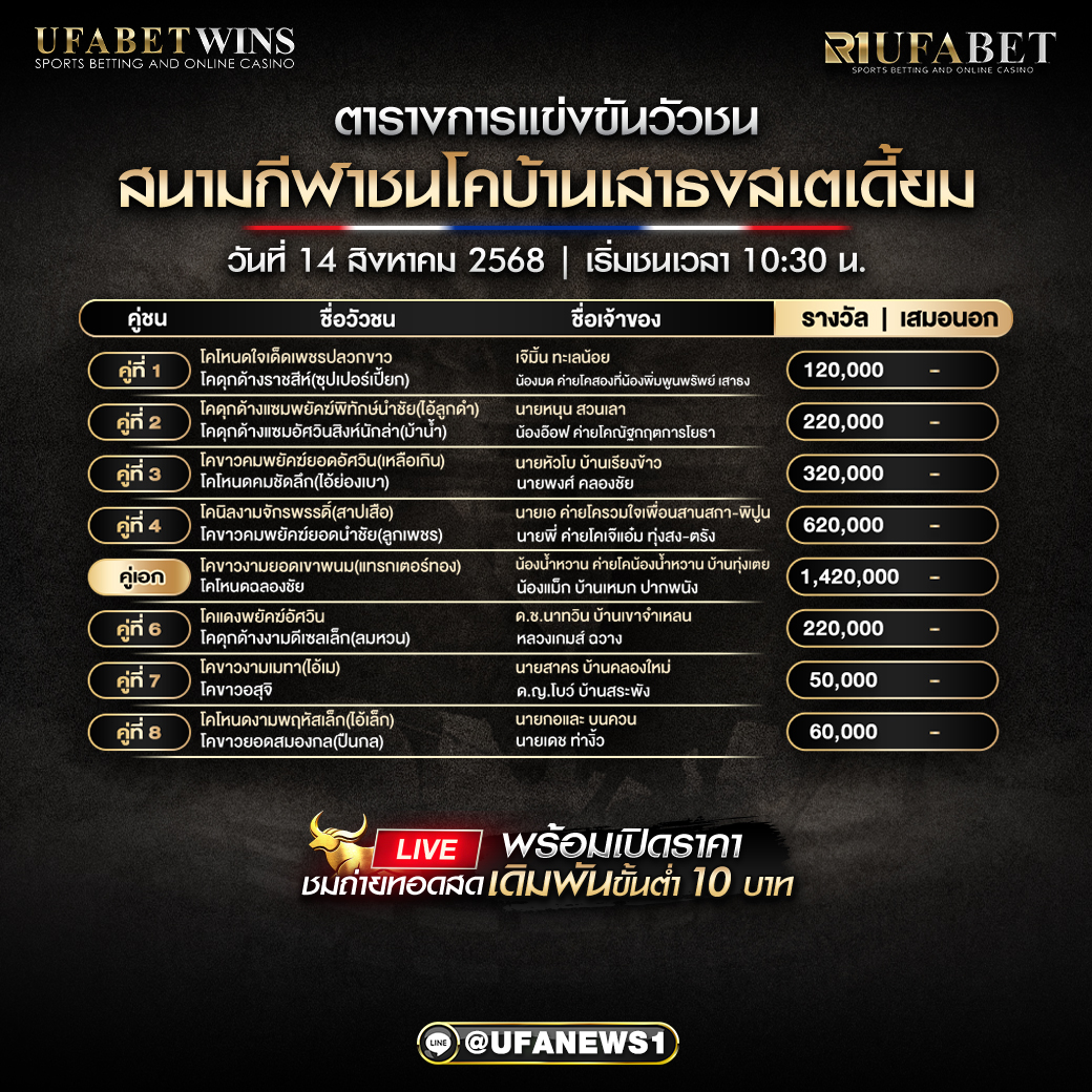 โปรแกรมวัวชน สนามกีฬาชนโคบ้านเสาธงสเตเดี้ยม วันที่ 14/08/2568