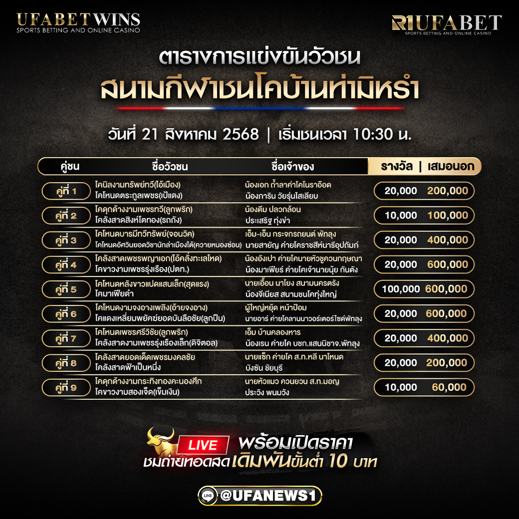 โปรแกรมวัวชน สนามกีฬาชนโคบ้านท่ามิหรำ วันที่ 21/08/2568