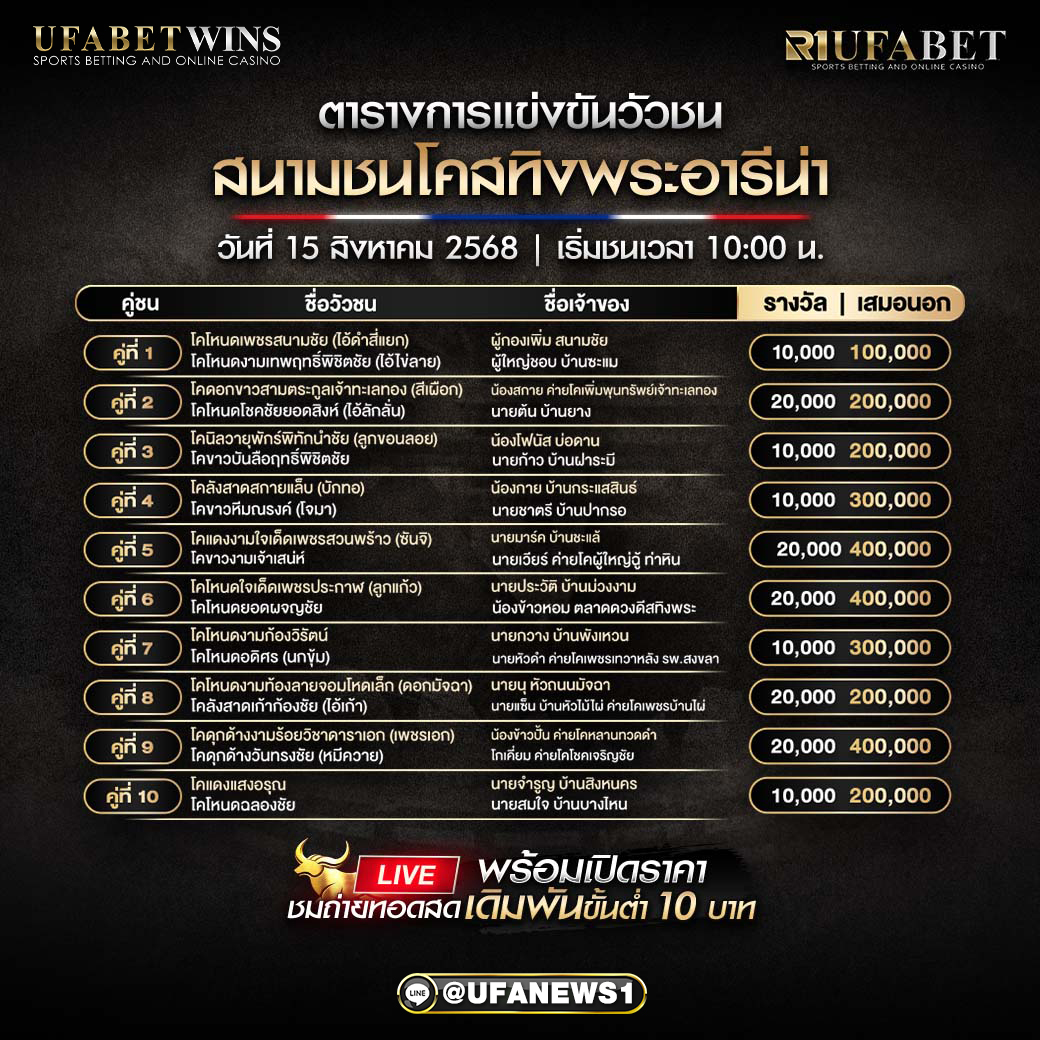 โปรแกรมวัวชน สนามชนโคสทิงพระอารีน่า วันที่ 15/08/2568