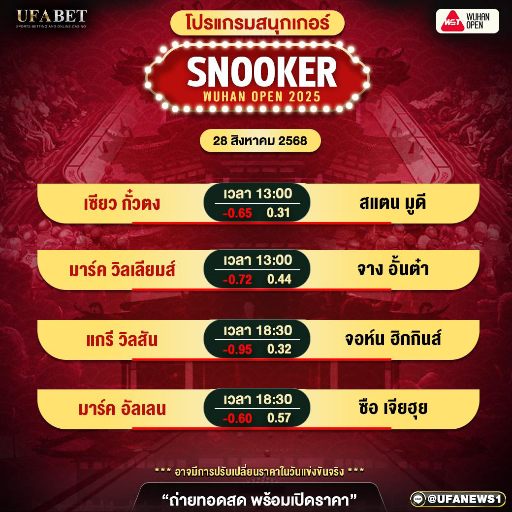 โปรแกรมสนุกเกอร์ Wuhan Open 2025 ประจำวันที่ 28 สิงหาคม 2568