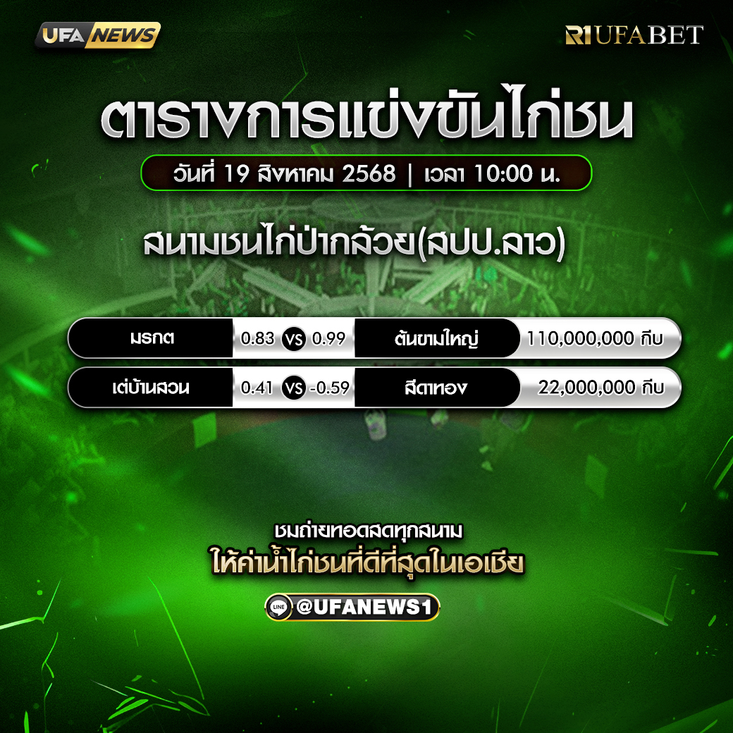 โปรแกรมการแข่งขันไก่ชน วันที่ 19 สิงหาคม 2568