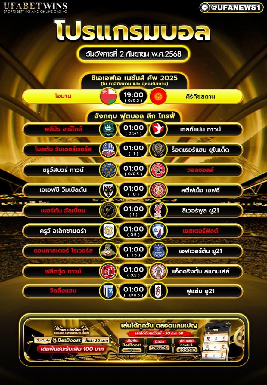 โปรแกรมฟุตบอล วันที่ 2 กันยายน 2568