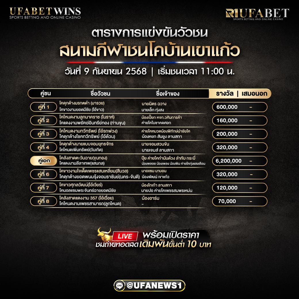 โปรแกรมวัวชน สนามกีฬาชนโคบ้านเขาแก้ว วันที่ 09/09/2568