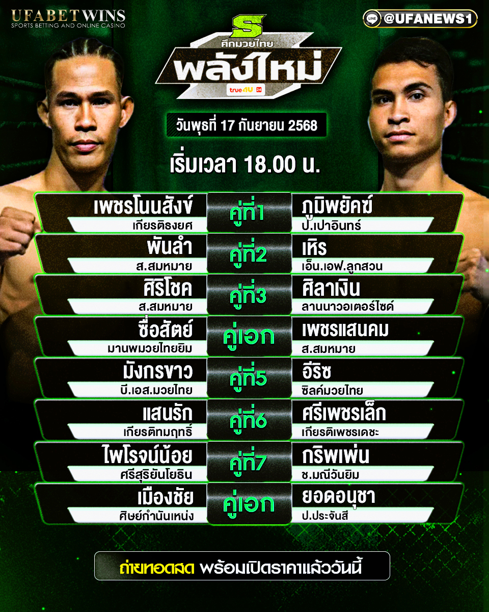 มวยวันนี้ ศึกมวยไทยพลังใหม่ 17/09/68