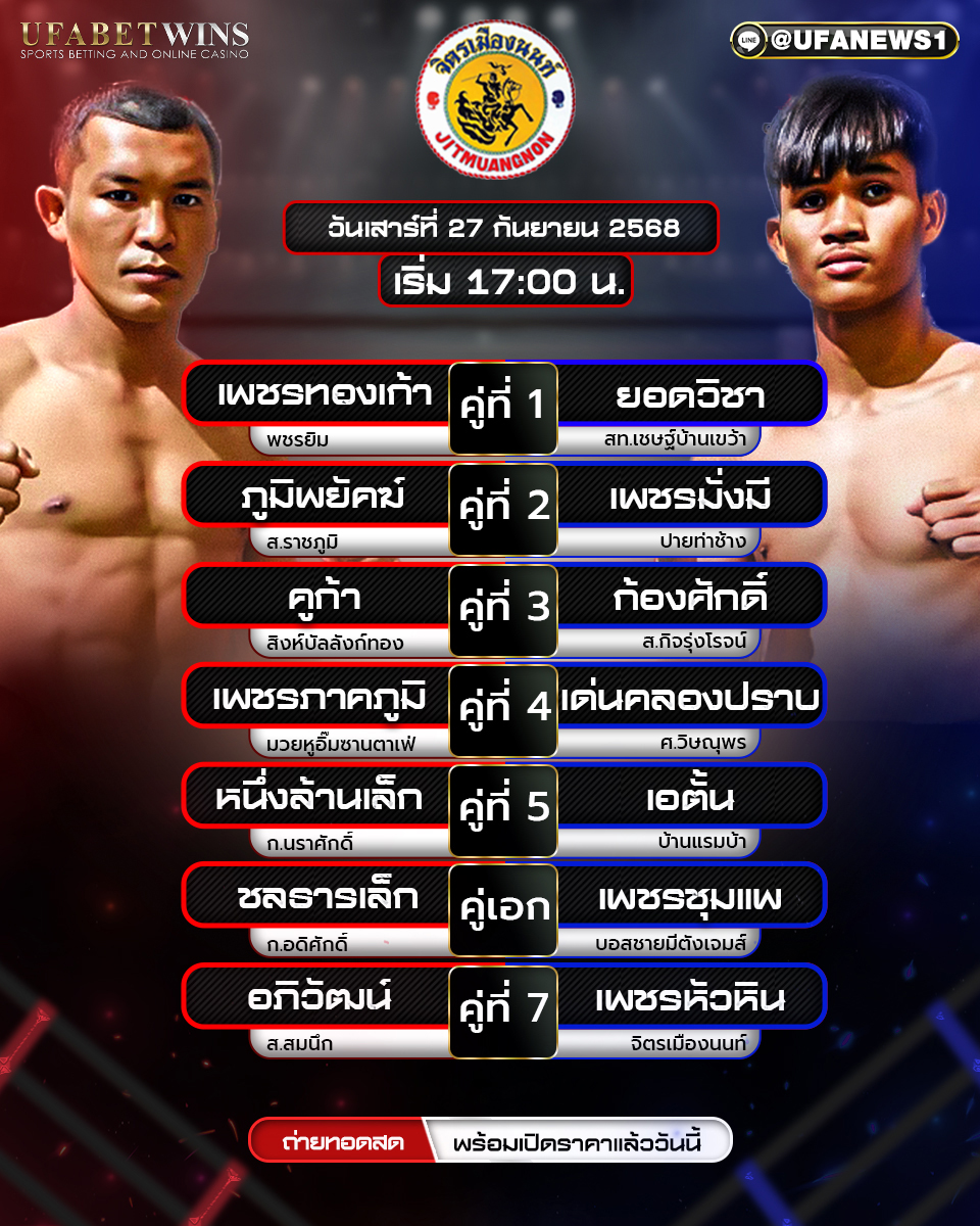มวยวันนี้ ศึกจิตรเมืองนนท์ 27/09/68