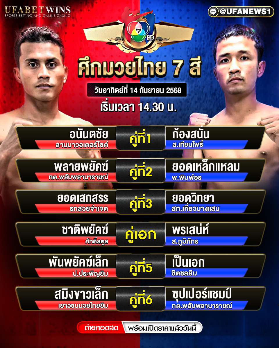 มวยวันนี้ ศึกมวยไทย 7 สี 14/09/68