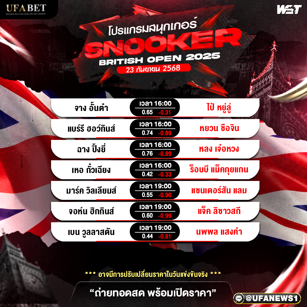 โปรแกรมสนุกเกอร์ วันที่ 23 กันยายน พ.ศ. 2568