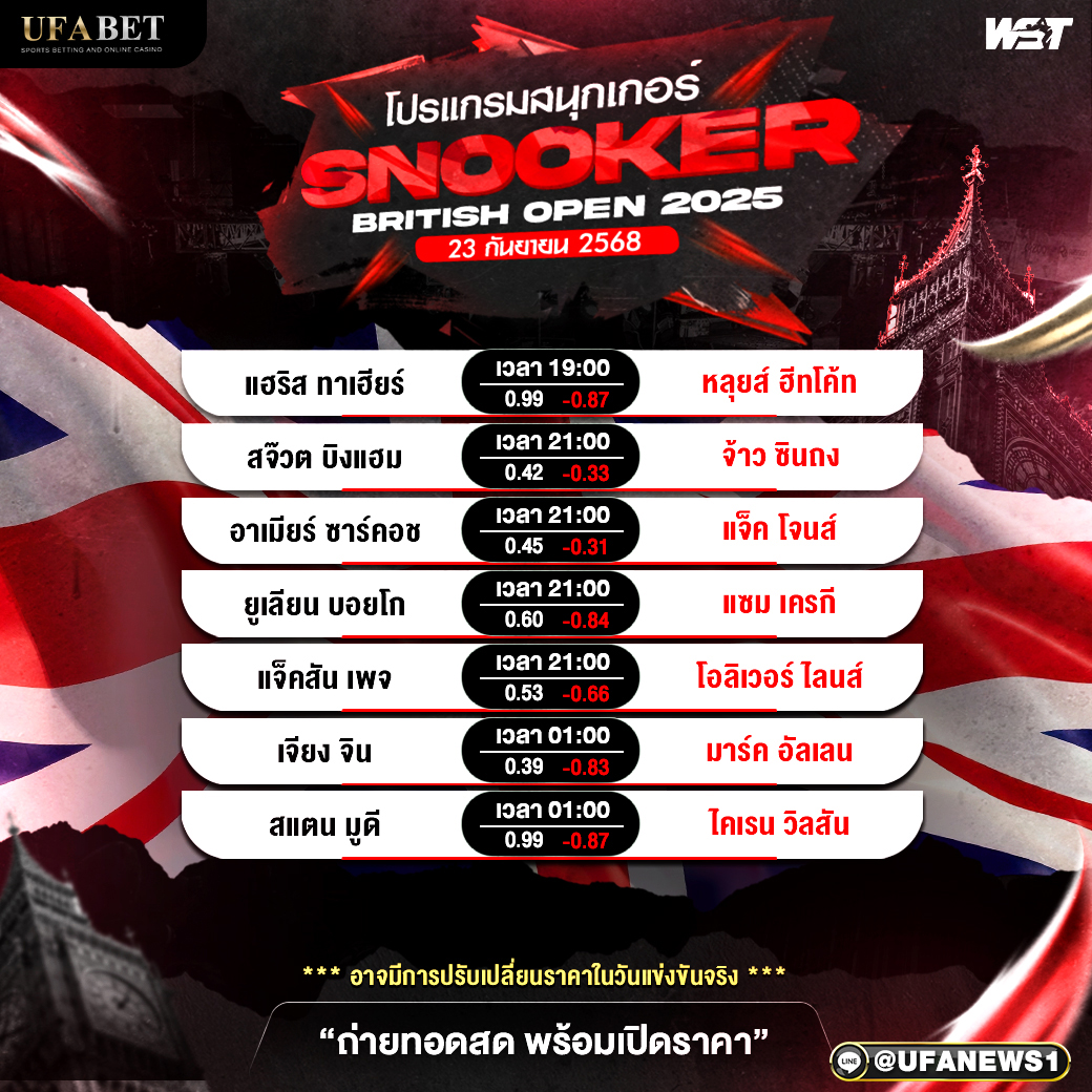 โปรแกรมสนุกเกอร์ วันที่ 23 กันยายน พ.ศ. 2568